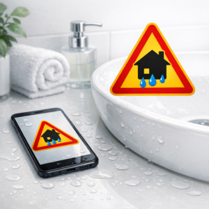 Was macht man, wenn das Handy ins Klo gefallen ist? - Modernes realistisches Beitragsbild: Smartphone liegt neben einem Badezimmerwaschbecken mit Wassertropfen, saubere helle Umgebung, Warnsymbol für Wasserschaden, professioneller Technik-Ratgeber Stil, keine Personen, hochwertig, klar, freundlich