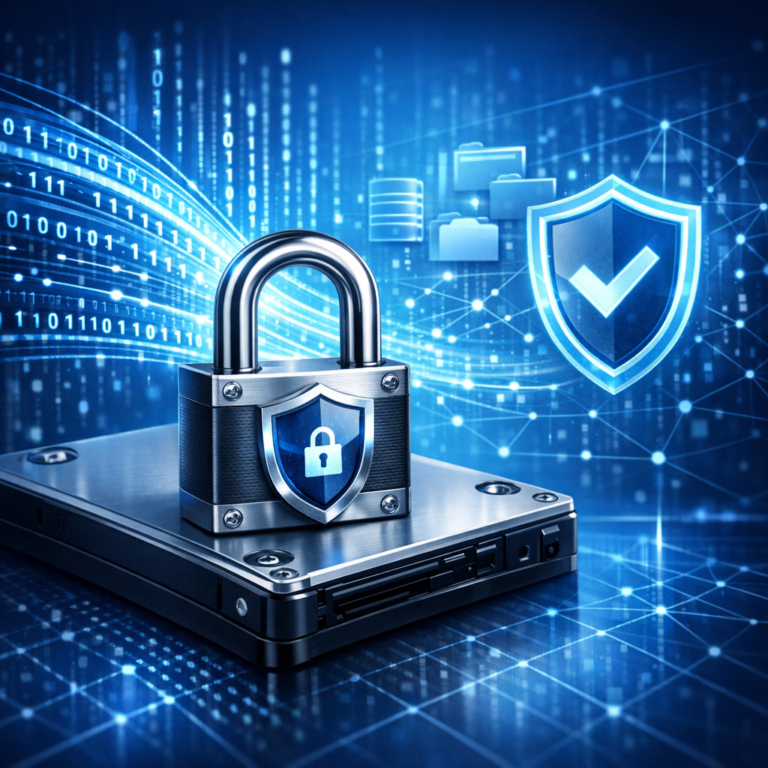 Was passiert mit meinen privaten Daten beim Datenretter? - Modernes Symbolbild zur sicheren Datenrettung: geschützte Festplatte mit Schloss, digitale Datenströme, Datenschutz, seriöser IT-Service, cleanes blaues Tech-Design, professionell und vertrauenswürdig