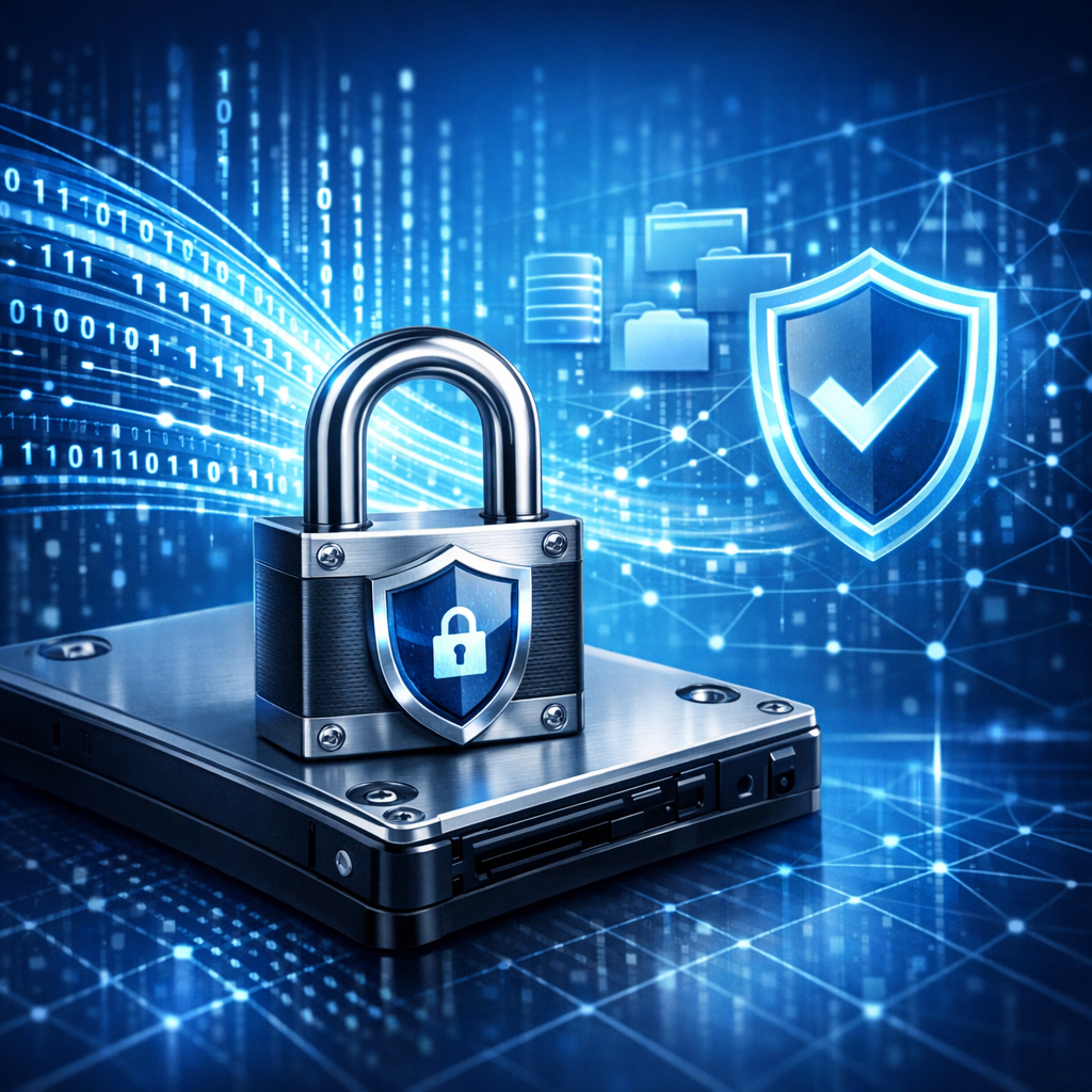 Was passiert mit meinen privaten Daten beim Datenretter? - Modernes Symbolbild zur sicheren Datenrettung: geschützte Festplatte mit Schloss, digitale Datenströme, Datenschutz, seriöser IT-Service, cleanes blaues Tech-Design, professionell und vertrauenswürdig