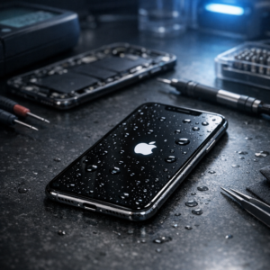 Wasserschaden am iPhone X trotz IP67 Zertifizierung - Realistic modern tech repair scene: wet iPhone X with small water droplets on a dark workbench, subtle diagnostic tools, blue highlights, professional smartphone repair atmosphere, no text, clean composition