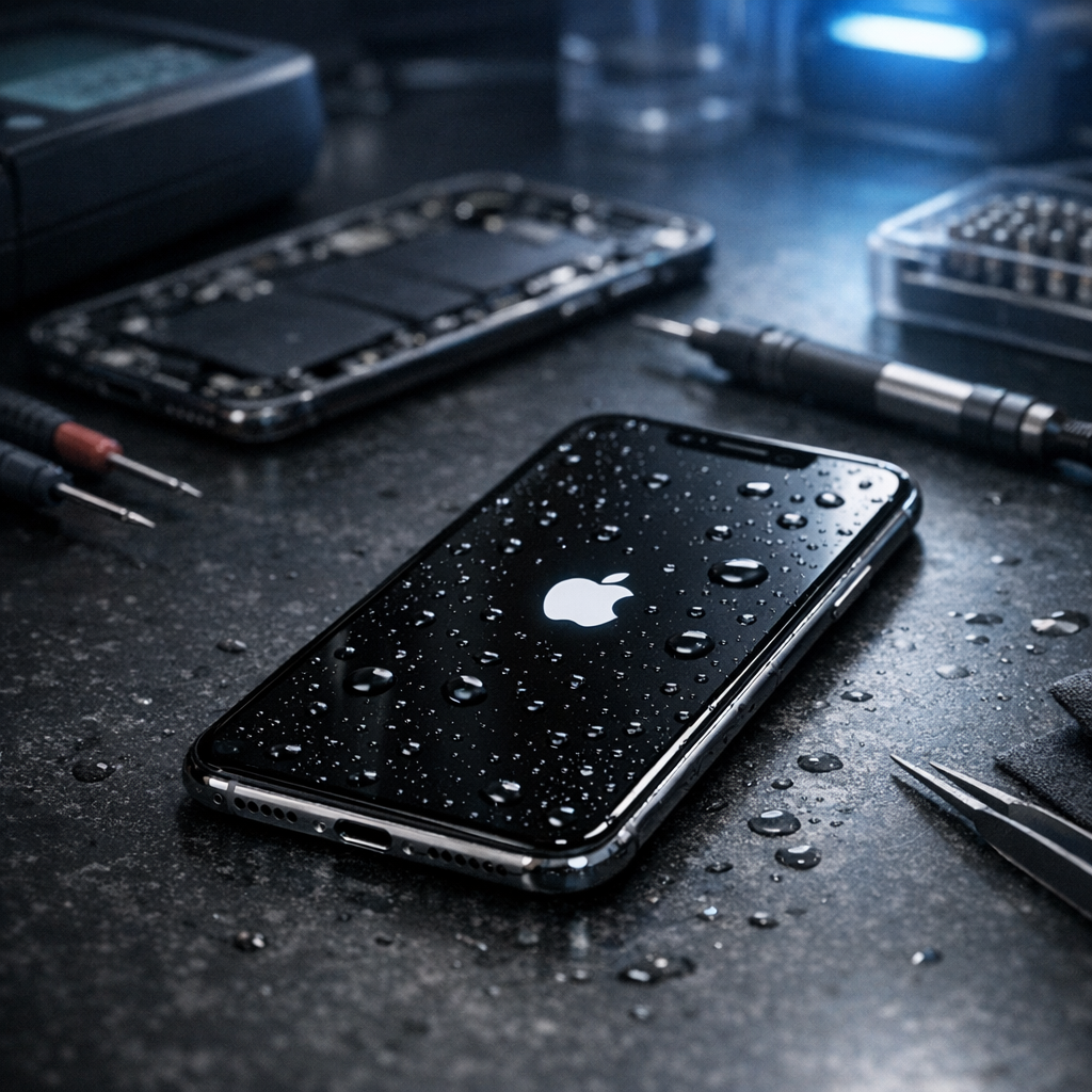 Wasserschaden am iPhone X trotz IP67 Zertifizierung - Realistic modern tech repair scene: wet iPhone X with small water droplets on a dark workbench, subtle diagnostic tools, blue highlights, professional smartphone repair atmosphere, no text, clean composition