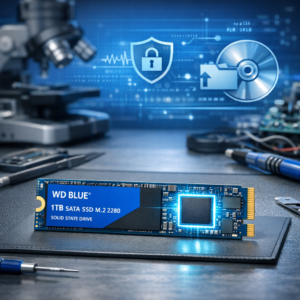 WD Blue SSD wird nicht erkannt – Datenrettung bei Controller-Defekt - Professional data recovery image showing a WD Blue style SSD on a clean technician workbench, controller chip highlighted, blue technology background, data recovery icons, realistic, modern 16:9