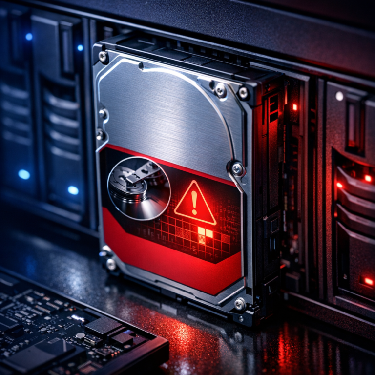 WD Red NAS-Festplatte zeigt viele Reallocated Sectors - Modern professional image of a WD Red style NAS hard drive with warning SMART sector diagnostics, server NAS bay, red and blue technical lighting, data recovery concept, clean realistic tech style, no text