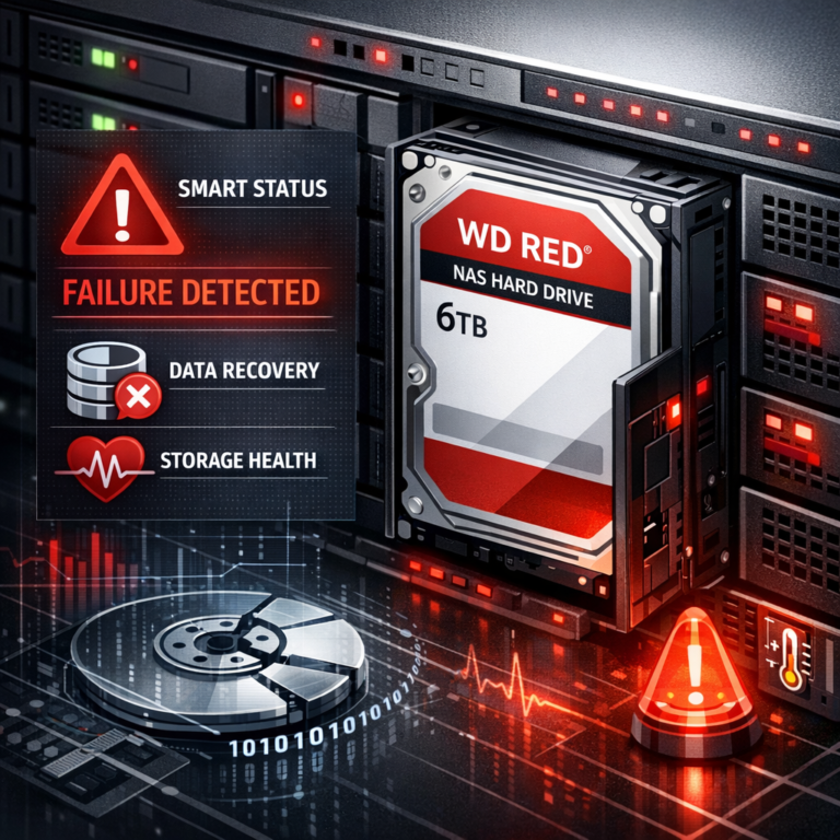 WD Red NAS-Festplatte zeigt viele Reallocated Sectors - Modern technical illustration of a WD Red style NAS hard drive in a server bay with warning SMART status, red alert indicators, data recovery and storage health theme, clean professional IT design