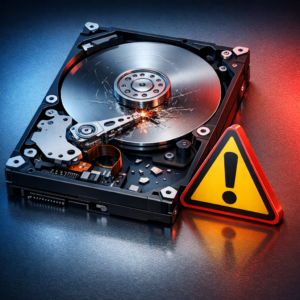 Welche Fehler führen am häufigsten zu klackernden Festplatten Geräuschen? - Modern technical illustration of a failing hard disk drive with warning symbol, subtle red and blue lighting, clean IT service style, no text, professional blog featured image