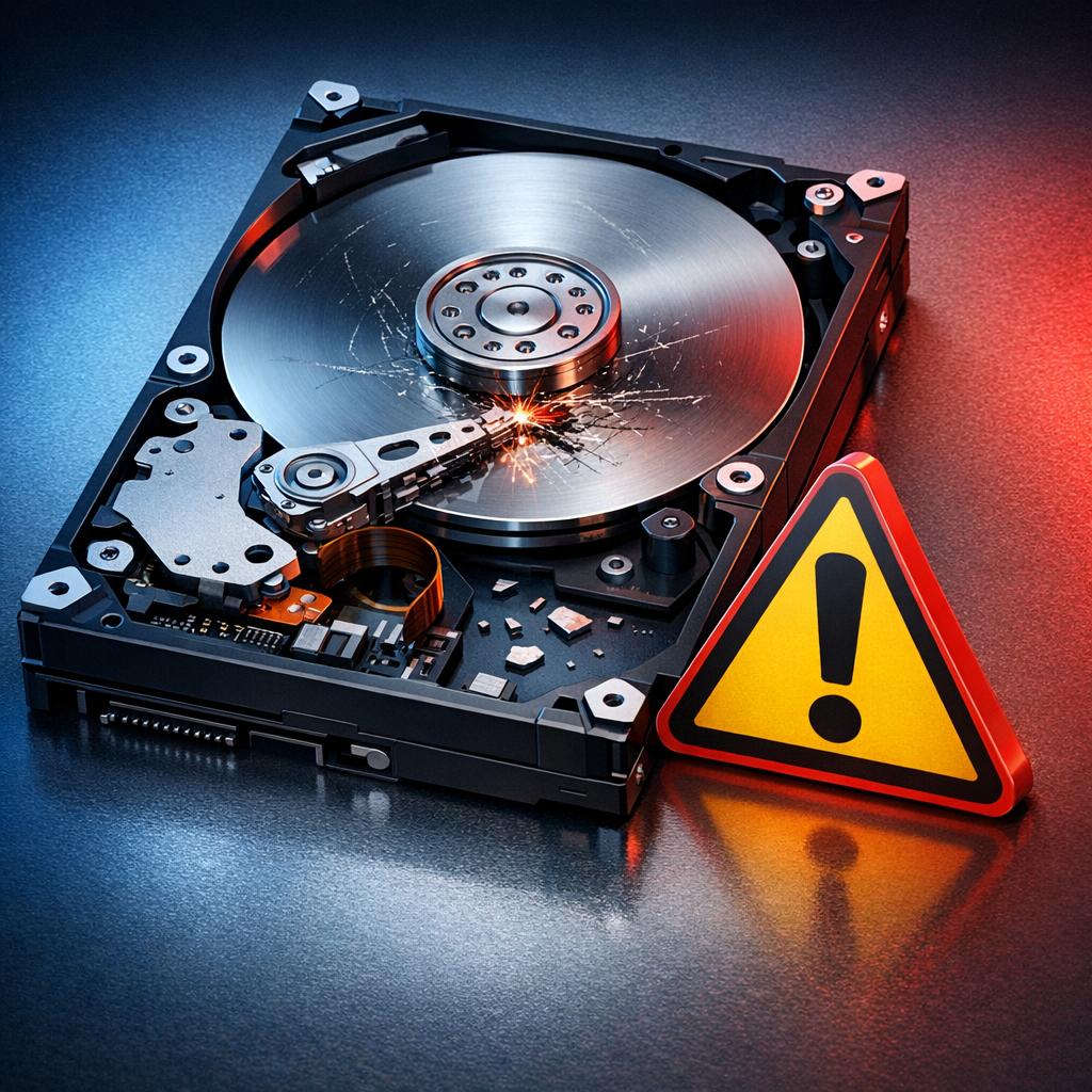 Welche Fehler führen am häufigsten zu klackernden Festplatten Geräuschen? - Modern technical illustration of a failing hard disk drive with warning symbol, subtle red and blue lighting, clean IT service style, no text, professional blog featured image