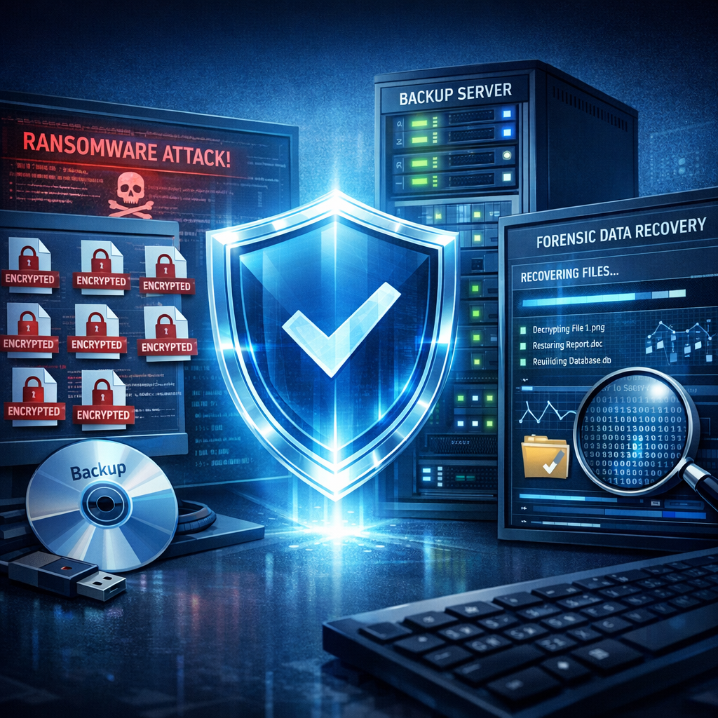 Wenn Backups nicht reichen: Datenrettung nach Ransomware wird zum Geschäft - Modern cybersecurity scene showing ransomware data recovery: encrypted files, backup server, digital shield, forensic recovery interface, dark blue business technology style, professional editorial illustration