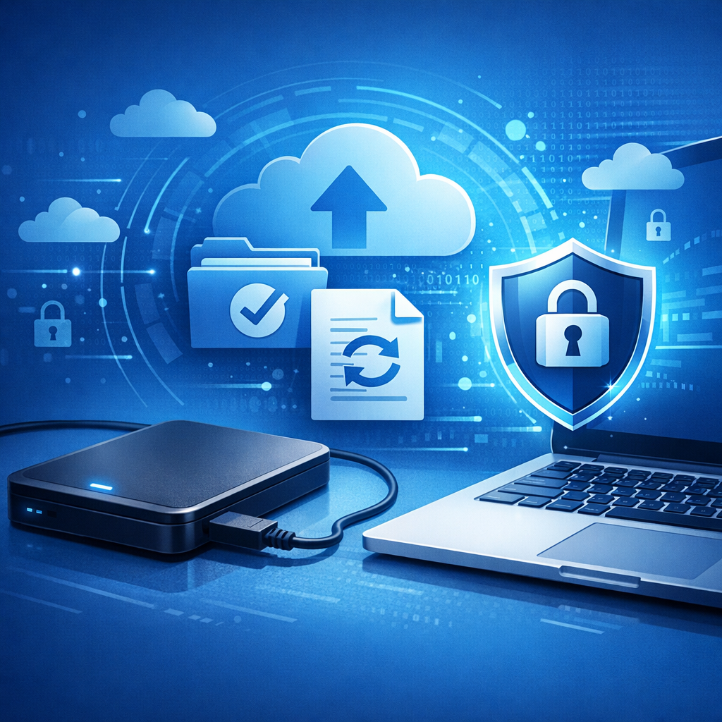 Wie groß sollte eine externe Festplatte zur Datensicherung sein? - Modern clean illustration of an external hard drive connected to a laptop, backup files and cloud icons, secure data protection theme, blue technology style, professional WordPress featured image