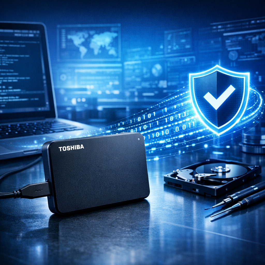 Wie kann man Daten von einer Toshiba-Festplatte wiederherstellen? - Modernes professionelles Beitragsbild zur Datenrettung einer Toshiba-Festplatte: externe Festplatte auf technischem Arbeitsplatz, Datenströme, sichere Wiederherstellung, blaues IT-Licht, clean, seriös, 16:9