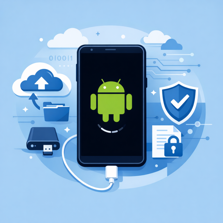 Wie sichert man seine Daten, wenn Android beim Boot hängt - Modern flat illustration of an Android smartphone stuck on boot logo with secure data backup symbols, cloud, USB cable, shield icon, professional blue technology style, clean background