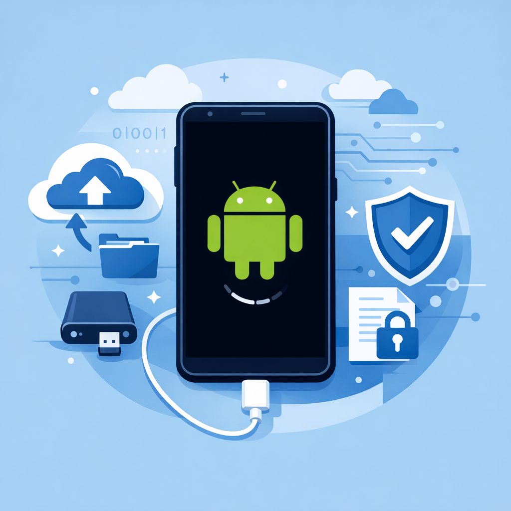 Wie sichert man seine Daten, wenn Android beim Boot hängt - Modern flat illustration of an Android smartphone stuck on boot logo with secure data backup symbols, cloud, USB cable, shield icon, professional blue technology style, clean background