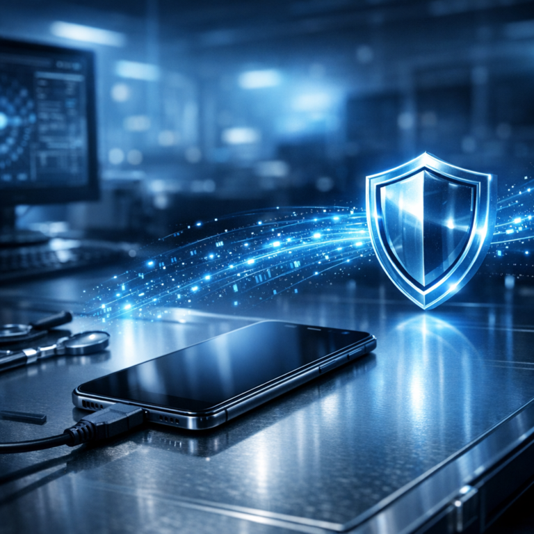 Wie wertet die Polizei ein Handy aus? Software, Ablauf und mobile Forensik im Überblick - Modern digital forensics concept image: smartphone on a secure forensic lab desk, abstract data streams, shield icon, blue technology lighting, clean professional style, no logos, no text