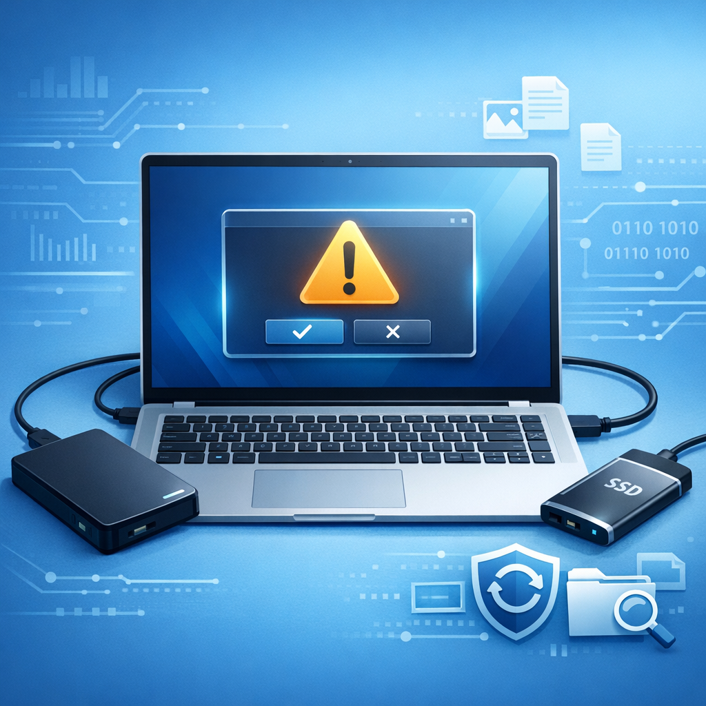 Windows fordert zum Formatieren auf – Wie rette ich meine Dateien vorher? - Modern technical illustration of a Windows laptop showing a disk format warning, external hard drive and SSD connected, data recovery concept, clean blue IT style, professional, no text