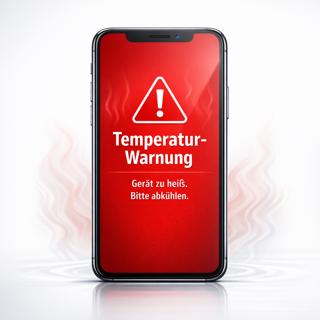 Wird Ihr Handy beschädigt, wenn es überhitzt? - Modernes Smartphone mit roter Temperaturwarnung auf dem Display, dezente Hitze-Wellen, technischer Ratgeber-Stil, klarer heller Hintergrund, professionelles Blog-Titelbild