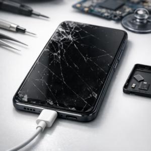 Xiaomi 11 defekt: Ursachen? Daten retten? - Modern realistic close-up of a broken Xiaomi smartphone on a clean repair desk, dark screen, USB-C cable, tiny tools, data recovery concept, professional lighting, no text