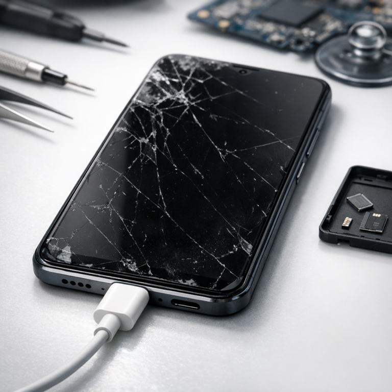 Xiaomi 11 defekt: Ursachen? Daten retten? - Modern realistic close-up of a broken Xiaomi smartphone on a clean repair desk, dark screen, USB-C cable, tiny tools, data recovery concept, professional lighting, no text
