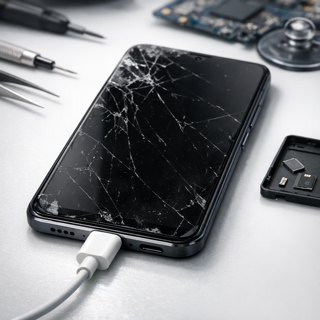 Xiaomi 11 defekt: Ursachen? Daten retten? - Modern realistic close-up of a broken Xiaomi smartphone on a clean repair desk, dark screen, USB-C cable, tiny tools, data recovery concept, professional lighting, no text