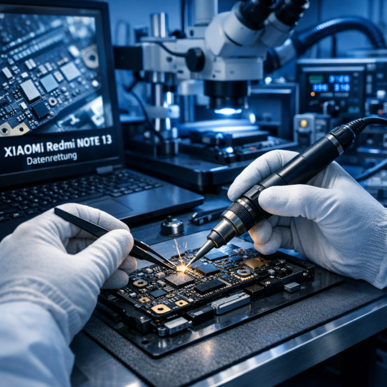 Xiaomi Redmi Note 13 Mainboard-Schaden – Lohnt sich eine Datenrettung? - Professionelle Smartphone Datenrettung bei Xiaomi Redmi Note 13 Mainboard-Schaden, modernes Reparaturlabor, Mikrolötung an Smartphone-Platine, technische blaue Beleuchtung, seriös, clean, high detail