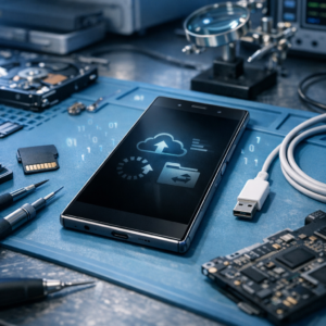 Xperia Z3 lässt sich plötzlich nicht mehr starten – Datenrettung möglich? - Modern realistic tech repair scene showing a Sony Xperia style smartphone with black screen on a workbench, subtle data recovery symbols, microSD card, USB cable, clean blue lighting, professional IT service, no text