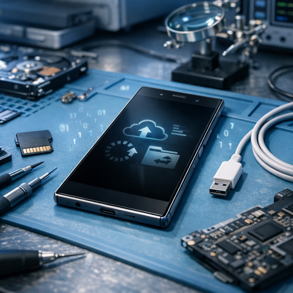 Xperia Z3 lässt sich plötzlich nicht mehr starten – Datenrettung möglich? - Modern realistic tech repair scene showing a Sony Xperia style smartphone with black screen on a workbench, subtle data recovery symbols, microSD card, USB cable, clean blue lighting, professional IT service, no text
