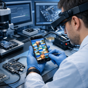 100% Erfolgsquote – Wir retten Ihre Urlaubsfotos - Professional smartphone data recovery lab scene, technician recovering vacation photos from damaged phone, visible phone screen with beach photo thumbnails, modern clean blue technology style, trustworthy service, no text