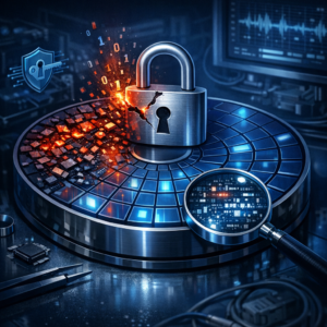 Beschädigte BitLocker-Partitionen ohne lesbaren Header - Modern technical illustration of a damaged encrypted BitLocker partition, dark blue cybersecurity theme, hard drive sectors, broken header metadata, lock icon, data recovery lab style, clean professional WordPress featured image, no text