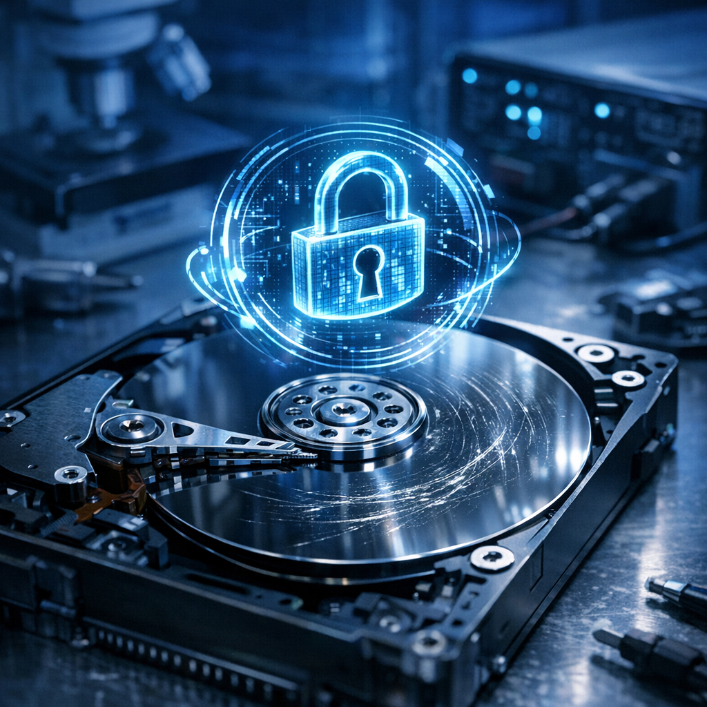 BitLocker-Spontansperrung nach Head-Crash: Können Daten von verschlüsselten, teildefekten Magnetplatten gerettet werden? - Professional data recovery lab scene: damaged magnetic hard drive platter with subtle scratch marks, BitLocker security lock hologram, blue technical lighting, clean modern realistic style, no text, cybersecurity and hardware recovery concept