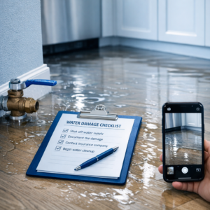 Checkliste: Die ersten 30 Minuten nach einem Wasserschaden - Realistic modern emergency scene after a home water damage incident: water on floor, shut-off valve, checklist clipboard, smartphone taking photos, clean professional blue tones, no people, editorial blog hero image