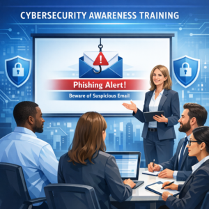 Cyber Security Awareness Training - Modern cybersecurity awareness training concept for businesses, diverse office team learning digital security, shield lock icons, phishing email warning on screen, professional blue technology style, clean corporate illustration
