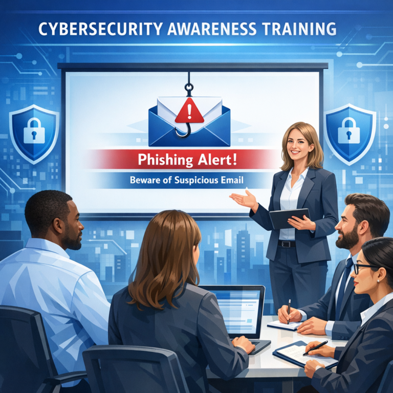 Cyber Security Awareness Training - Modern cybersecurity awareness training concept for businesses, diverse office team learning digital security, shield lock icons, phishing email warning on screen, professional blue technology style, clean corporate illustration