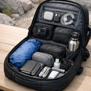 Das „Ruhezustand-Phänomen“ im Rucksack - Modern realistic editorial image of an open organized backpack on a desk or trail setting, with neatly arranged compartments, small pouches, water bottle, rain jacket and travel accessories, clean bright lighting, minimal background, professional blog header style, no text