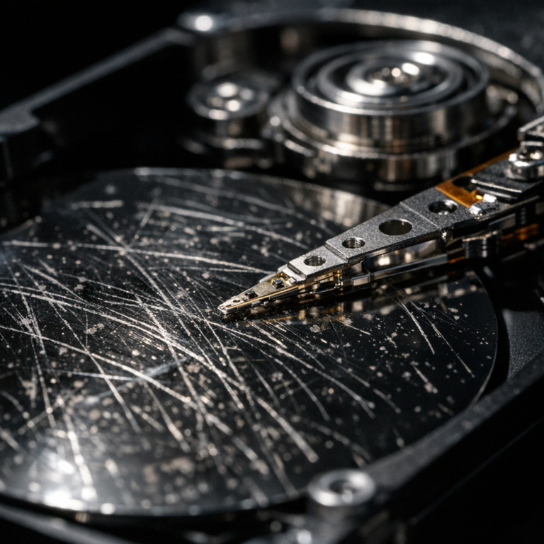 Das „Seagate Rosewood“ Desaster: Wenn der Schreib-Lese-Kopf das Medium mechanisch blockiert - Realistic technical macro photo of an opened 2.5 inch hard drive, visible read-write head near scratched platter surface, dramatic dark studio lighting, data recovery concept, professional cleanroom atmosphere, no text