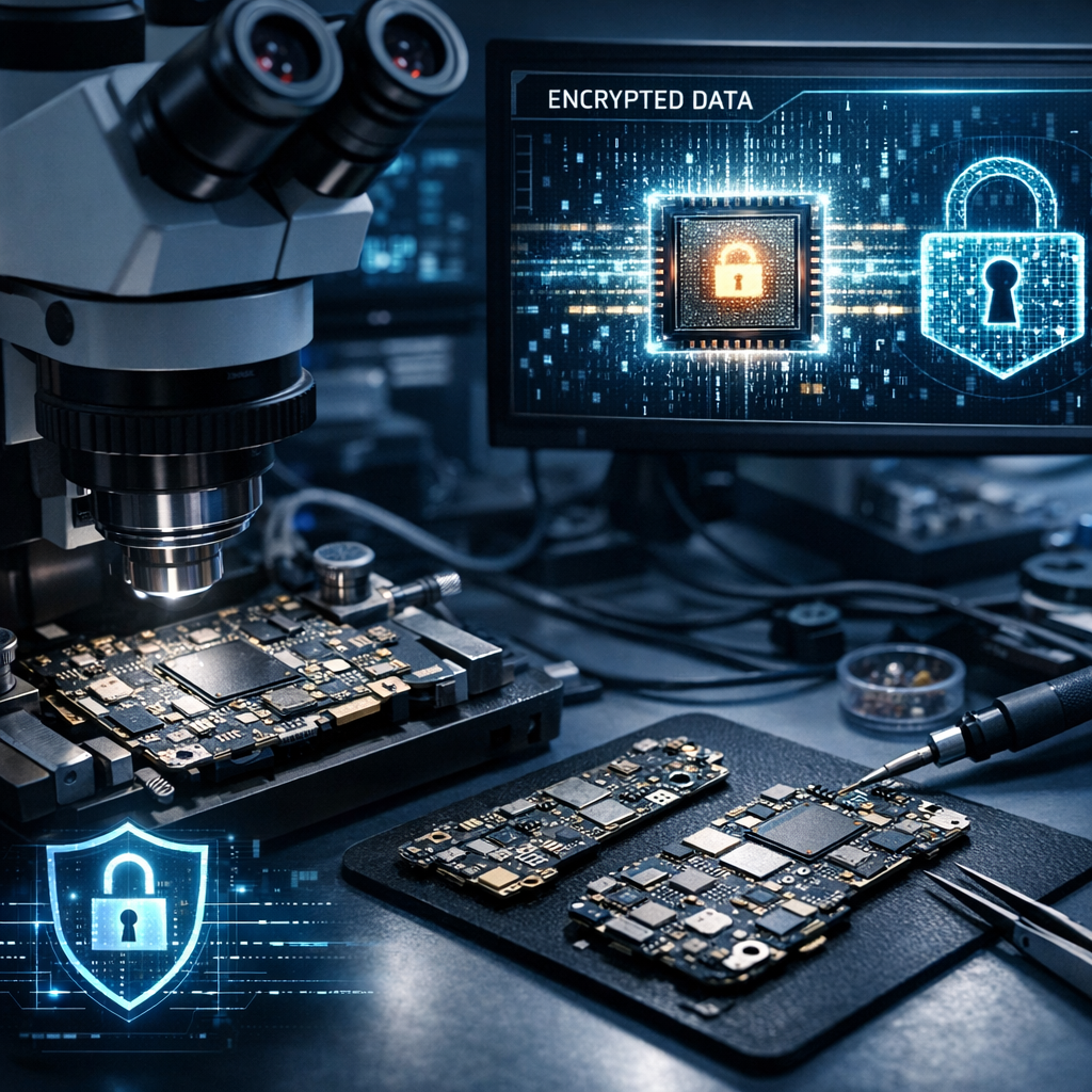 Das Sterben von „Chip-Off“ durch File-Based Encryption (FBE) und die „Donor-Board“-Rettung - Modern technical data recovery scene: smartphone motherboard under microscope, encrypted chip visualization, secure lock icon, donor board repair concept, dark blue professional forensic lab style, clean high-tech composition
