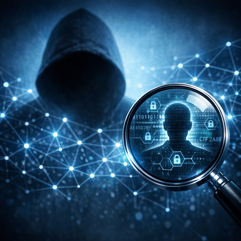 De-Anonymisierung & Täter-Identifikation - Modern digital forensics and cybersecurity concept: anonymous silhouette behind glowing data network, magnifying glass over encrypted profile, blue and dark tones, professional clean tech style, no text