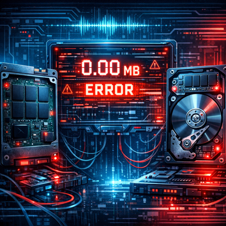 Der „0MB-Fehler“ (Firmware-Brick) bei älteren SSD/HDD-Hybriden - Modern technical illustration of an older SSD and hybrid hard drive showing 0 MB error on a diagnostic screen, firmware brick concept, clean blue and red cyber style, data recovery theme, no readable text