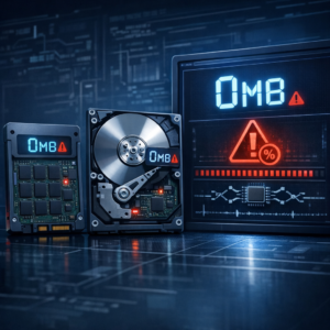 Der „0MB-Fehler“ (Firmware-Brick) bei älteren SSD/HDD-Hybriden - Modern technical illustration of an older SSD and hybrid hard drive showing 0MB capacity error on a diagnostic screen, firmware brick concept, clean dark blue data recovery lab style, no text