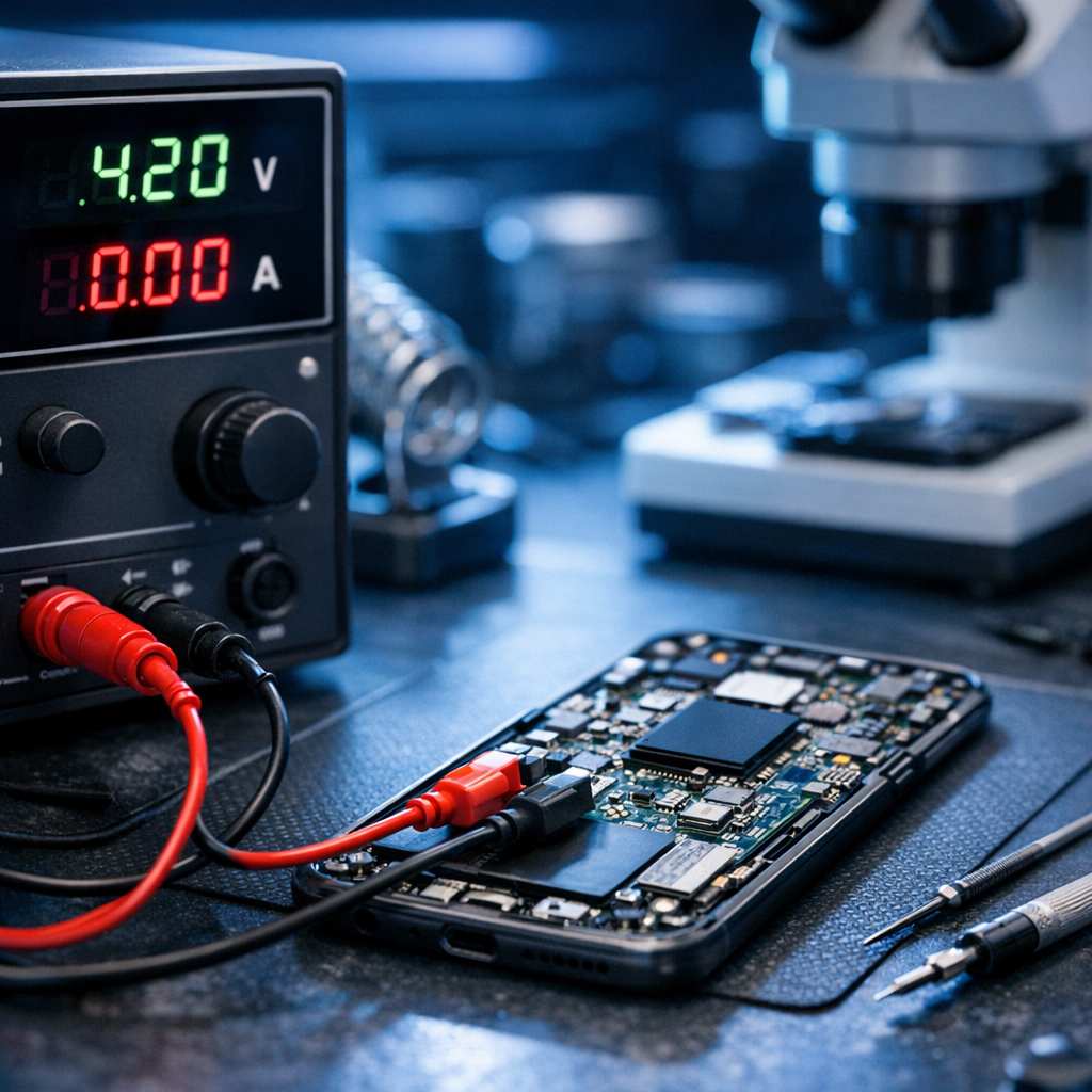 Die „0-Milliampere“-Diagnose: Smartphone-Daten wiederherstellen, wenn das Handy keinen Strom zieht - Professional smartphone data recovery diagnostic scene, dead phone connected to lab power supply showing 0.00 A, electronics repair workstation, macro view of circuit board, clean modern blue lighting, trustworthy technical service, no text