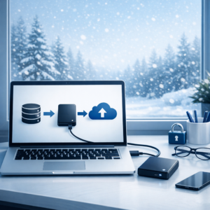 Die 3-2-1-Backup-Regel für die Winterzeit - Modern clean hero image for an IT blog article about the 3-2-1 backup rule in winter: laptop, external hard drive, cloud backup icons, snow outside the window, blue and white color palette, professional cybersecurity and data protection mood, no text
