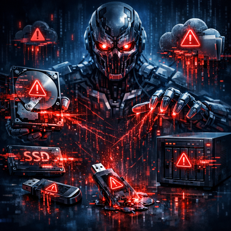 Die dunkle Seite von K.I.: Wenn KI-Tools lokale Daten korrumpieren - Dramatic modern cybersecurity scene: artificial intelligence robot interface corrupting local storage drives, HDD SSD USB stick NAS cloud folders, dark blue black background, warning symbols, data streams, professional tech blog style