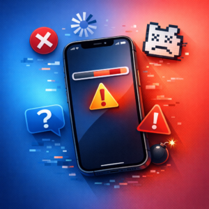 Die Speicher-Falle (iOS stürzt ab) - Modern editorial tech illustration of an iPhone with nearly full storage warning, iOS crash symbols, clean blue red gradient background, professional WordPress featured image, no text