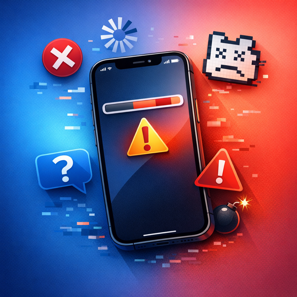 Die Speicher-Falle (iOS stürzt ab) - Modern editorial tech illustration of an iPhone with nearly full storage warning, iOS crash symbols, clean blue red gradient background, professional WordPress featured image, no text