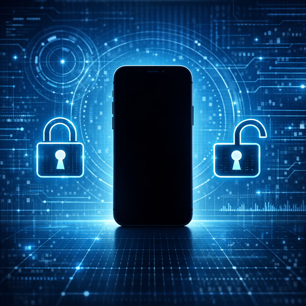 Die zwei Welten der iPhone-Forensik: BFU und AFU verständlich erklärt - Modern digital forensics scene with an iPhone silhouette, secure lock and unlock icons, blue cyber security interface, subtle forensic data grid, professional clean style, no text