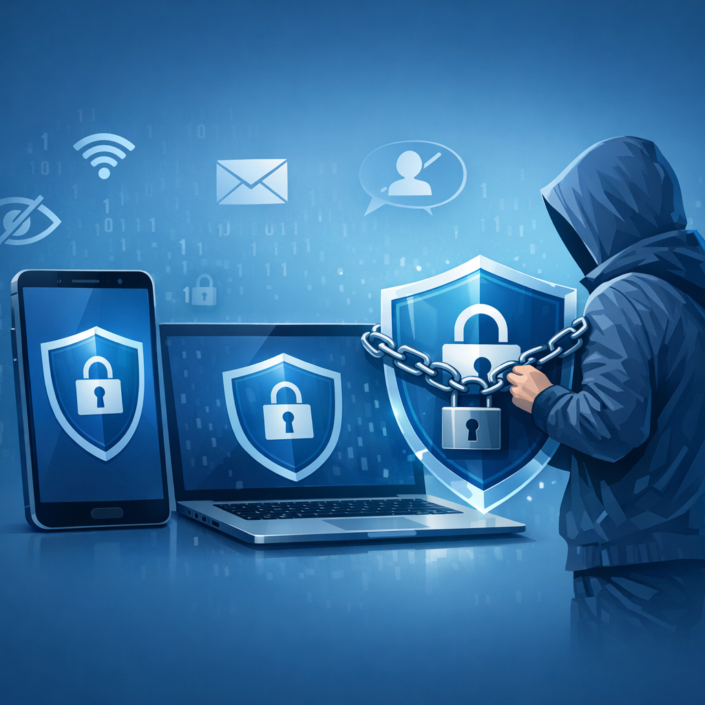Digitaler Hausputz: So sperrst du den Stalker aus deinen Accounts aus - Modernes Cybersecurity Titelbild: Person sperrt digitale Konten gegen Stalking, Smartphone und Laptop mit Schutzschild, Schloss-Symbole, ruhiger blauer Hintergrund, klare professionelle Tech-Optik, keine realistischen Gesichter, keine Textbeschriftung