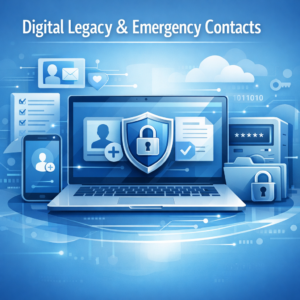 Digitaler Nachlass und Notfall-Kontakte (Für Krisensituationen) - Modern professional illustration of digital legacy planning and emergency contacts, secure documents, password manager, shield lock icon, calm blue technology style, responsive web article hero image
