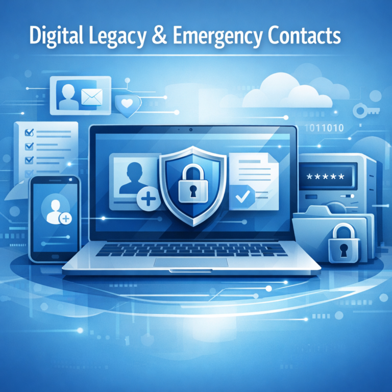 Digitaler Nachlass und Notfall-Kontakte (Für Krisensituationen) - Modern professional illustration of digital legacy planning and emergency contacts, secure documents, password manager, shield lock icon, calm blue technology style, responsive web article hero image