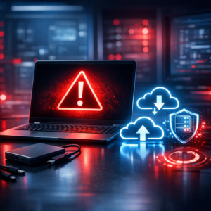 Erste-Hilfe-Plan bei akutem Datenverlust - Modern IT emergency scene for acute data loss recovery, laptop with warning symbol, external hard drive, cloud backup icons, professional clean blue and red technology style, no text