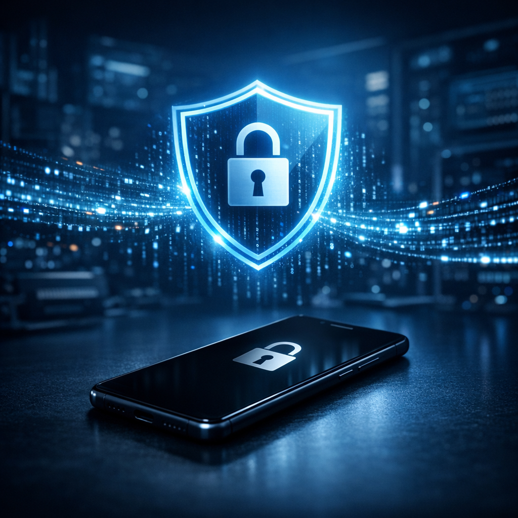 Exploit-basierte Extraktion im Ausschaltzustand (BFU – Before First Unlock) - Modern digital forensics concept image: locked smartphone in powered-off before-first-unlock state, glowing shield and encrypted data streams, dark blue cybersecurity lab background, professional clean style, no text