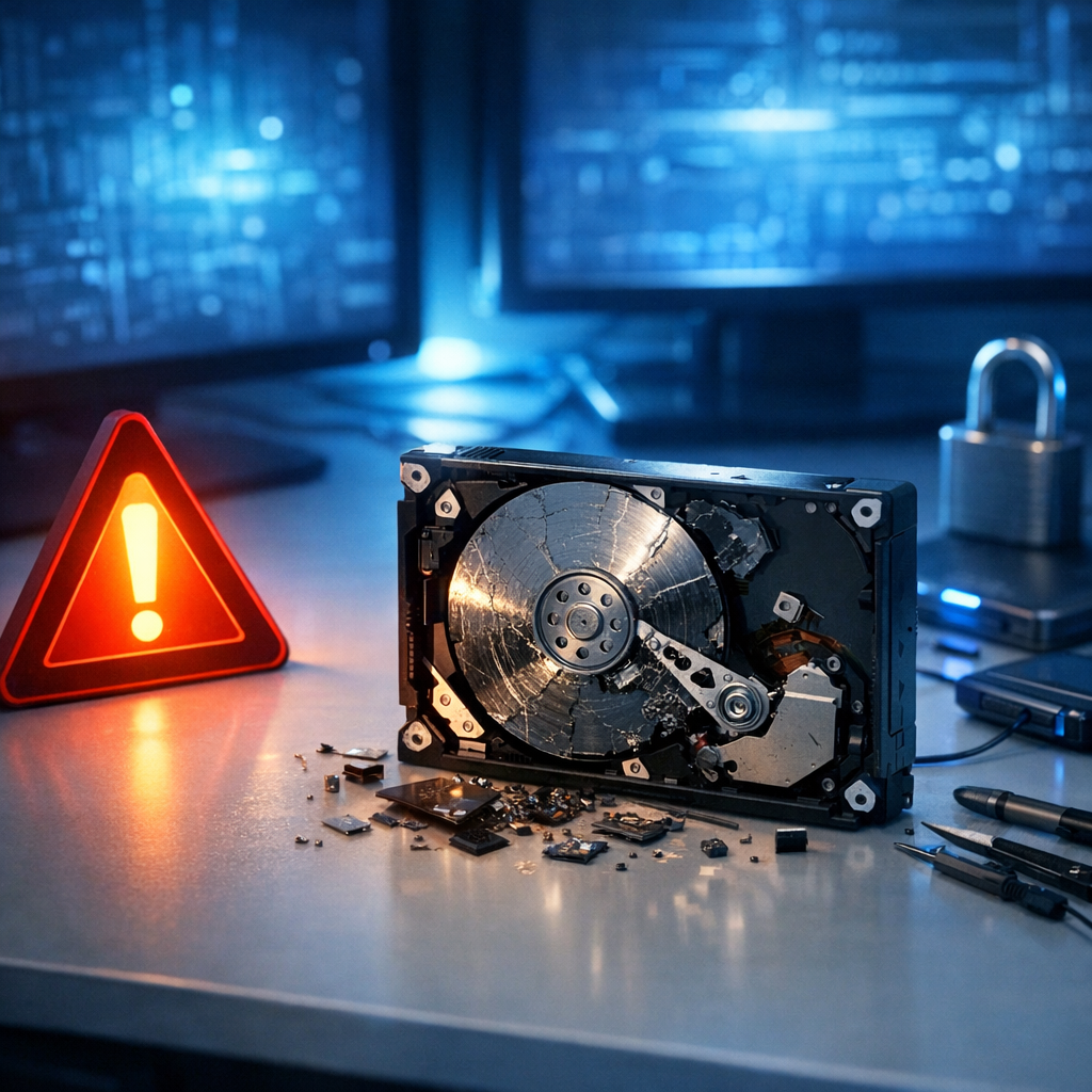 Festplatten Data recovery – Die 3 goldenen Verhaltensregeln (Sofortmaßnahme) - Modern professional data recovery emergency concept: damaged hard drive on clean desk, warning triangle, blue technology lighting, secure data protection atmosphere, no text, realistic, 16:9