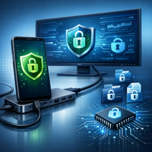 File-Based Encryption (FBE) & Knox Hardware-Keystore: MHL/DisplayPort Alternate Mode & MTP via USB-Docking - Modern cybersecurity illustration of an Android smartphone connected to a USB-C docking station, monitor output, encrypted file icons, hardware security chip, blue professional tech style, clean responsive blog header image