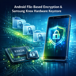 File-Based Encryption (FBE) & Knox Hardware-Keystore - Modern cybersecurity illustration for Android File-Based Encryption and Samsung Knox hardware keystore: smartphone with glowing shield lock, encrypted files, secure chip, blue and green technology style, clean professional blog header